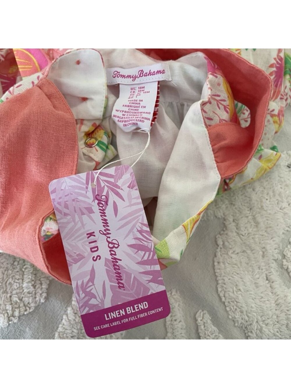NWT Tommy Bahama Pompom Dress Baby Girl 12-18M Tropical Vacation Linen - Picture 5 of 8